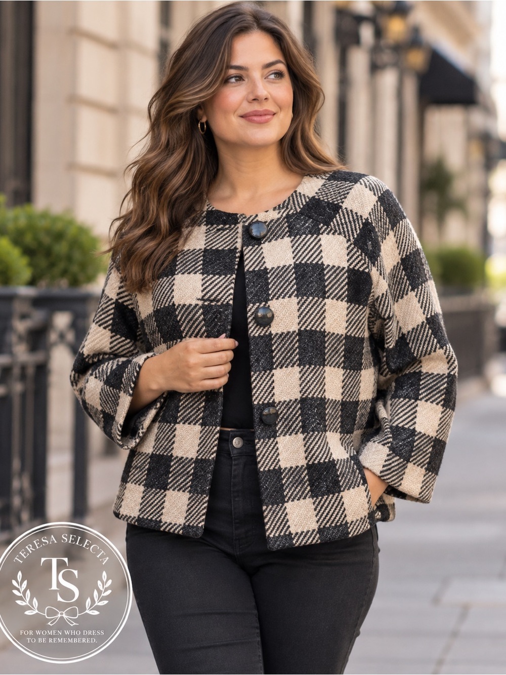 🖤🤍 Talbots Size 20 Black Cream Plaid Wool Blend Jacket Coat